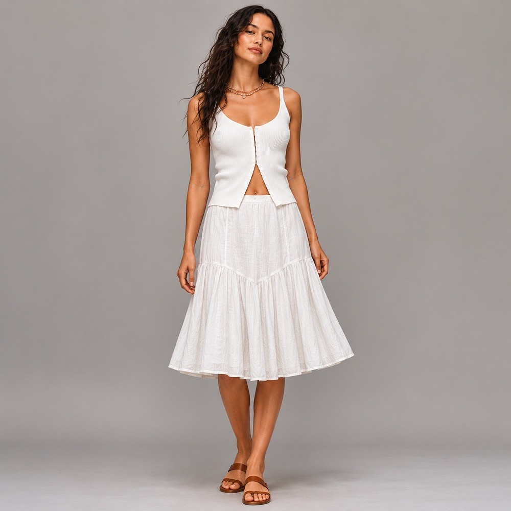 White Linen Flare Skirt Womens Size 16‎ Midi Minimalist Boho Chic Beachy Summer